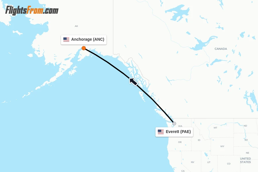 Flights from Everett to Anchorage route map