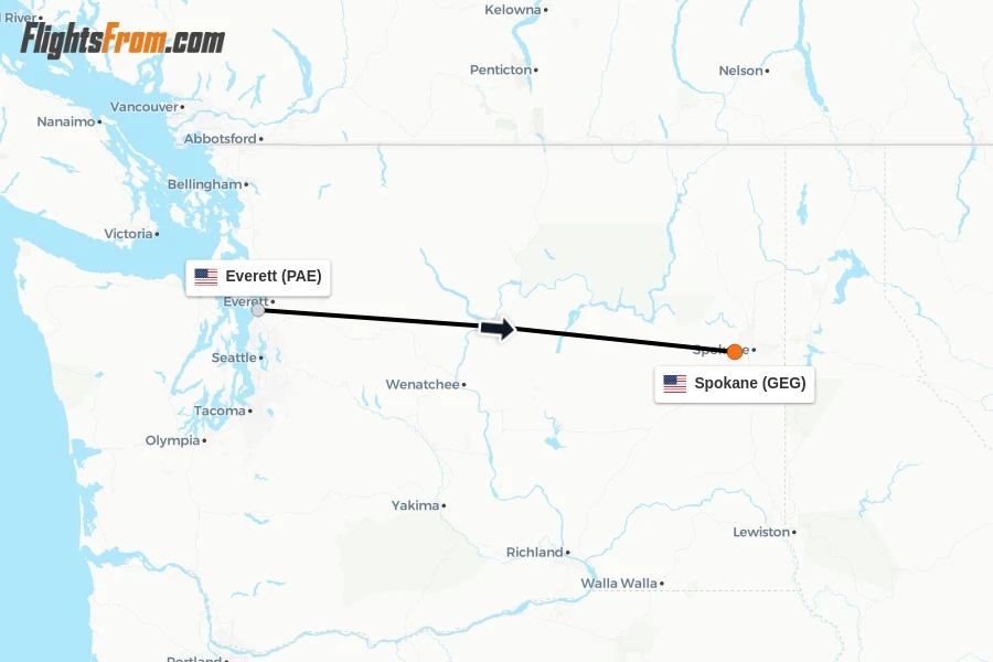 Flights from Everett to Spokane route map