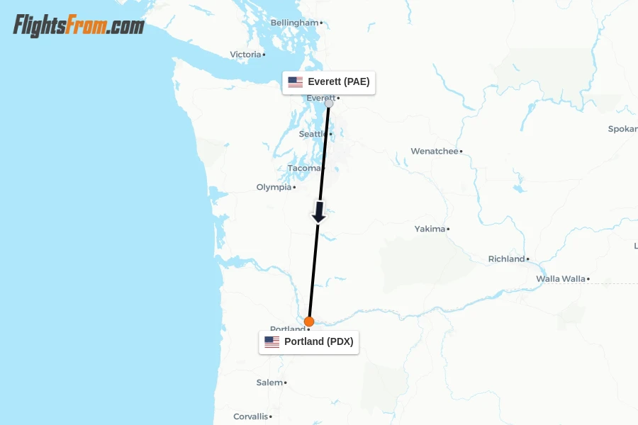 Flights from Everett to Portland route map