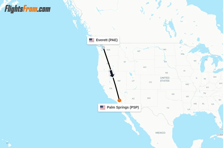 Flights from Everett to Palm Springs route map