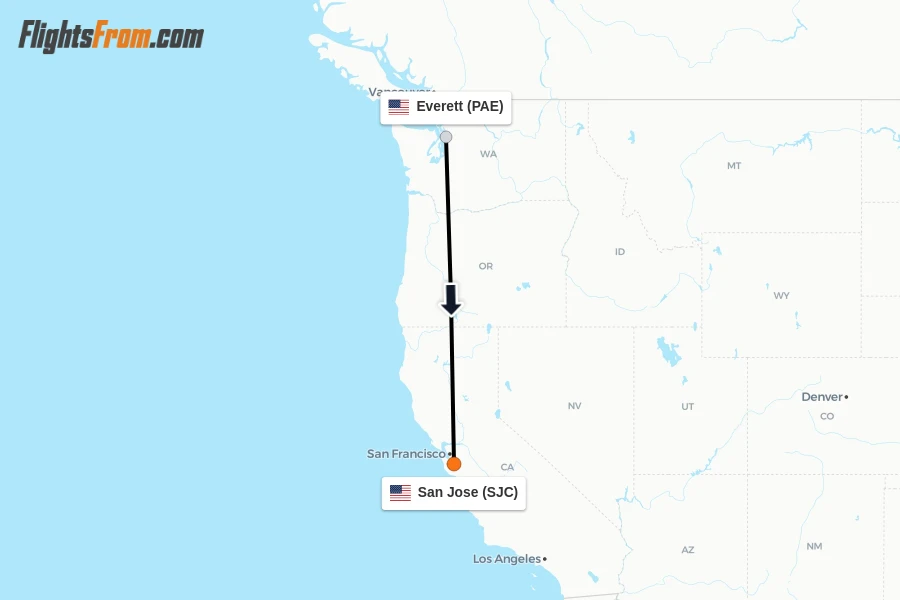 Flights from Everett to San Jose route map
