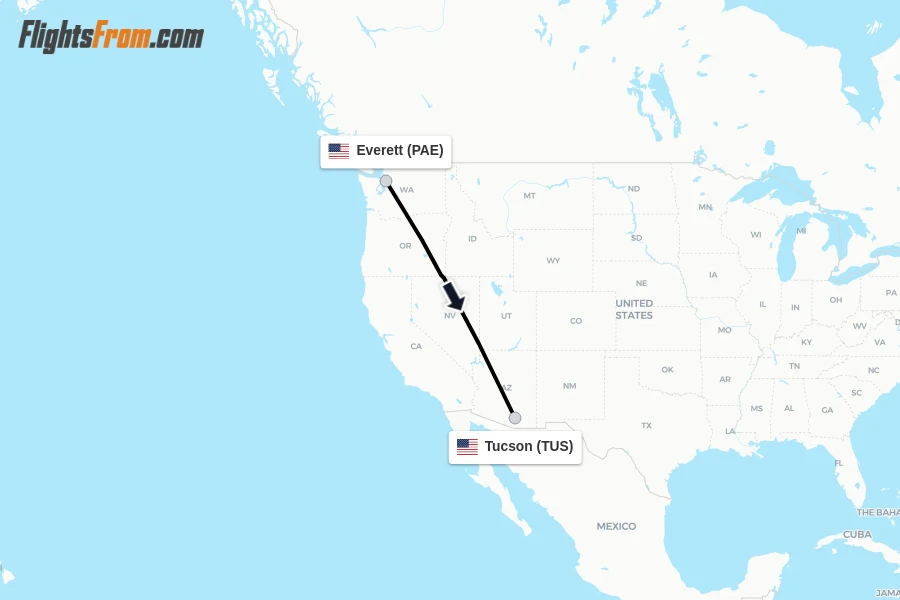 Flights from Everett to Tucson route map