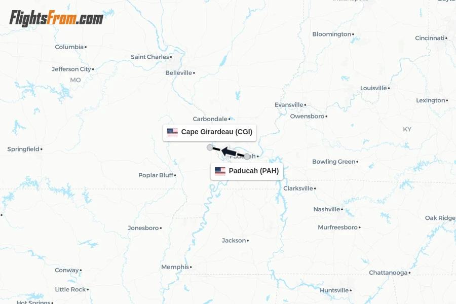 Flights from Paducah to Cape Girardeau route map