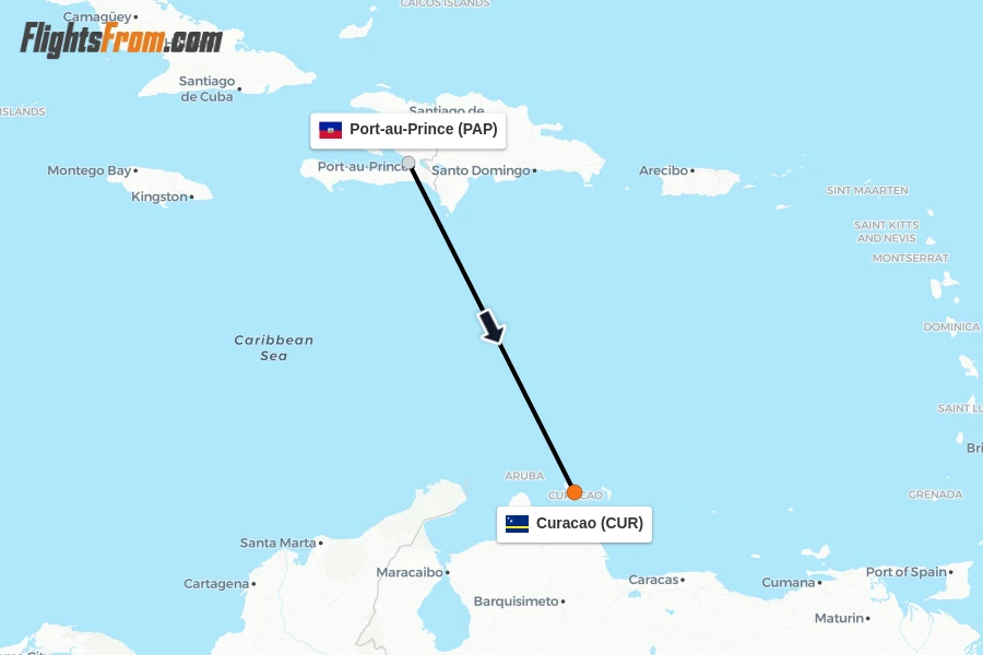Flights from Port-au-Prince to Curacao route map