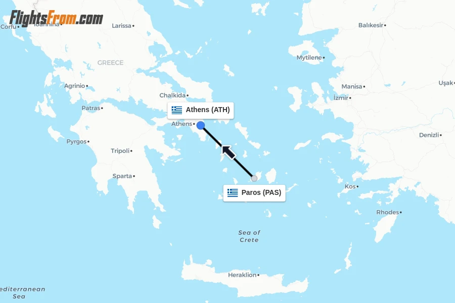 Flights from Paros to Athens route map