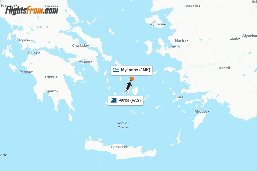 Flights from Paros to Mykonos route map