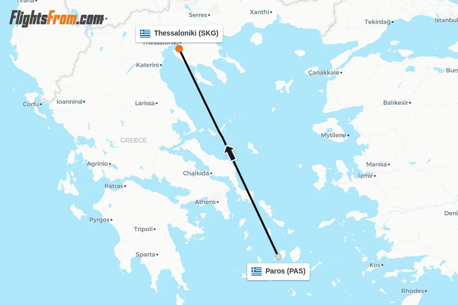 Flights from Paros to Thessaloniki route map