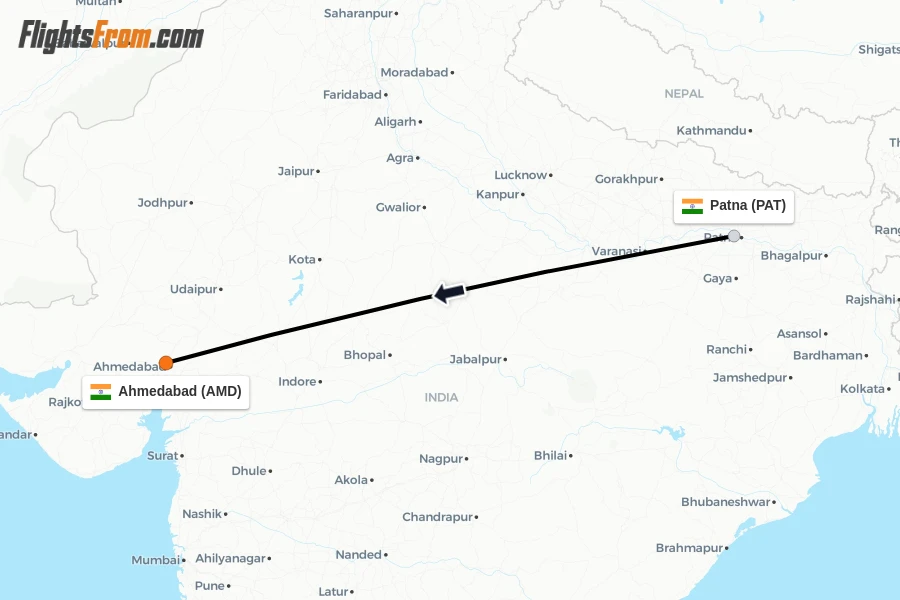 Flights from Patna to Ahmedabad route map