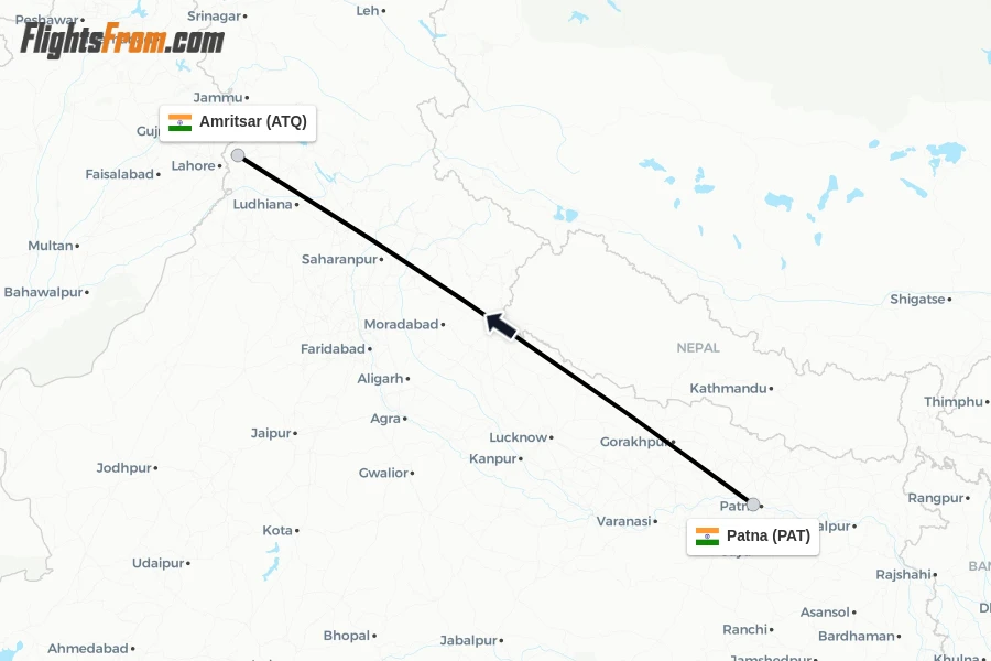Flights from Patna to Amritsar route map