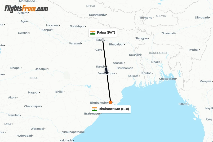 Flights from Patna to Bhubaneswar route map