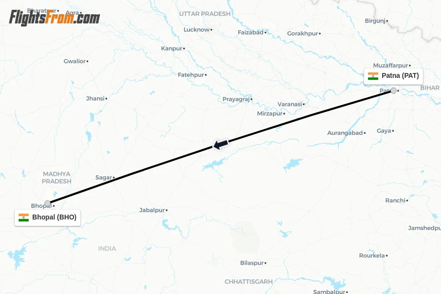 Flights from Patna to Bhopal route map