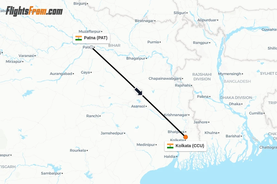 Flights from Patna to Kolkata route map