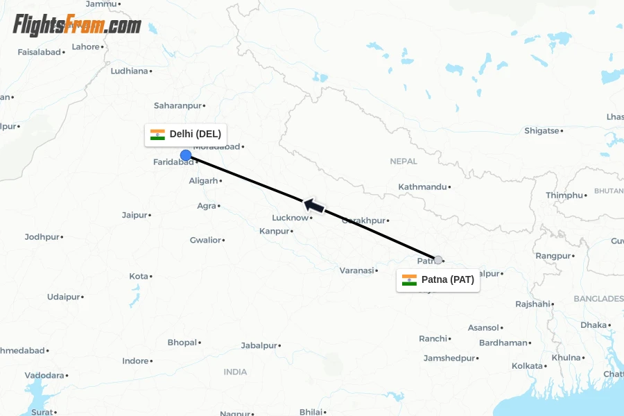 Flights from Patna to Delhi route map