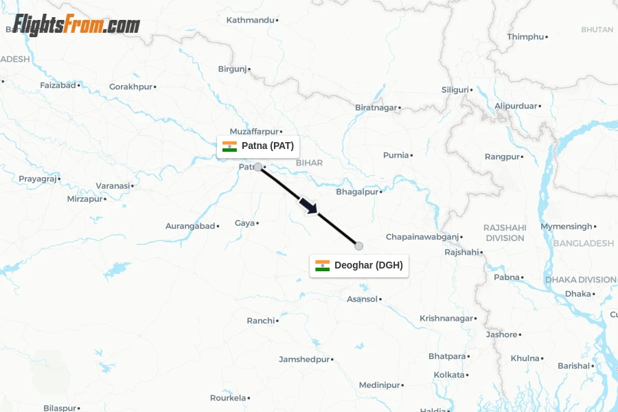 Flights from Patna to Deoghar route map