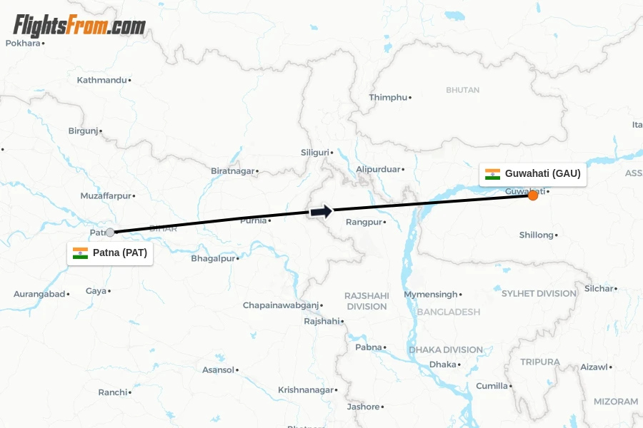 Flights from Patna to Guwahati route map