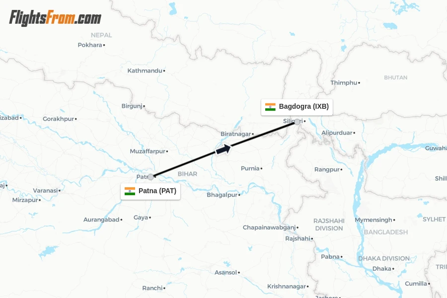 Flights from Patna to Bagdogra route map