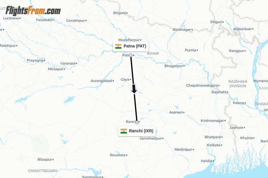 Flights from Patna to Ranchi route map
