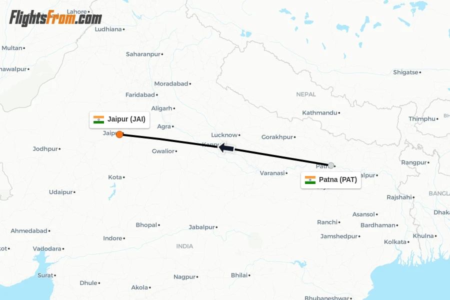 Flights from Patna to Jaipur route map