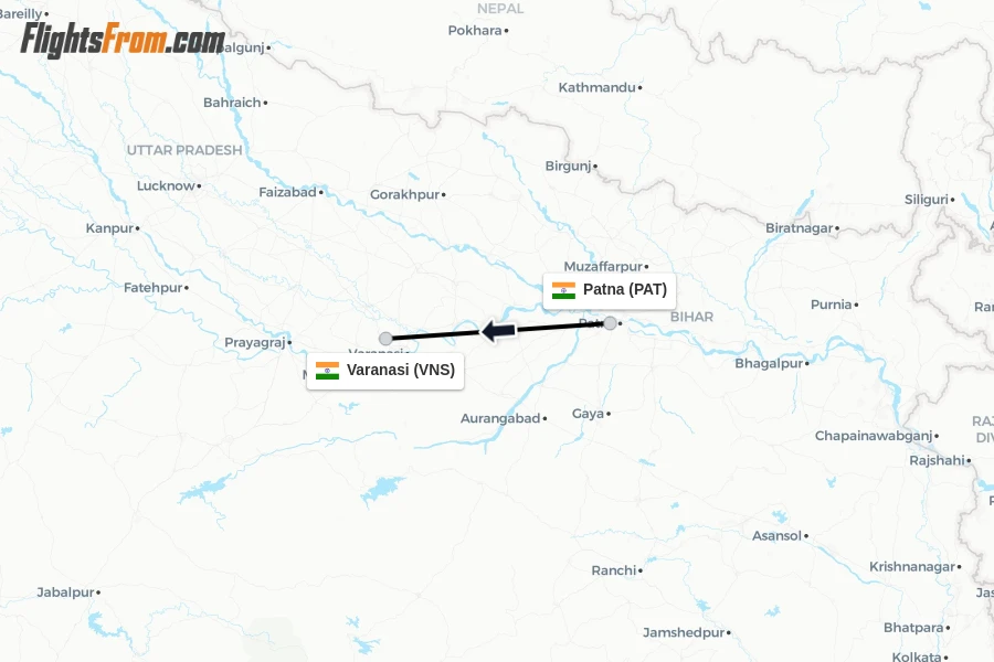 Flights from Patna to Varanasi route map