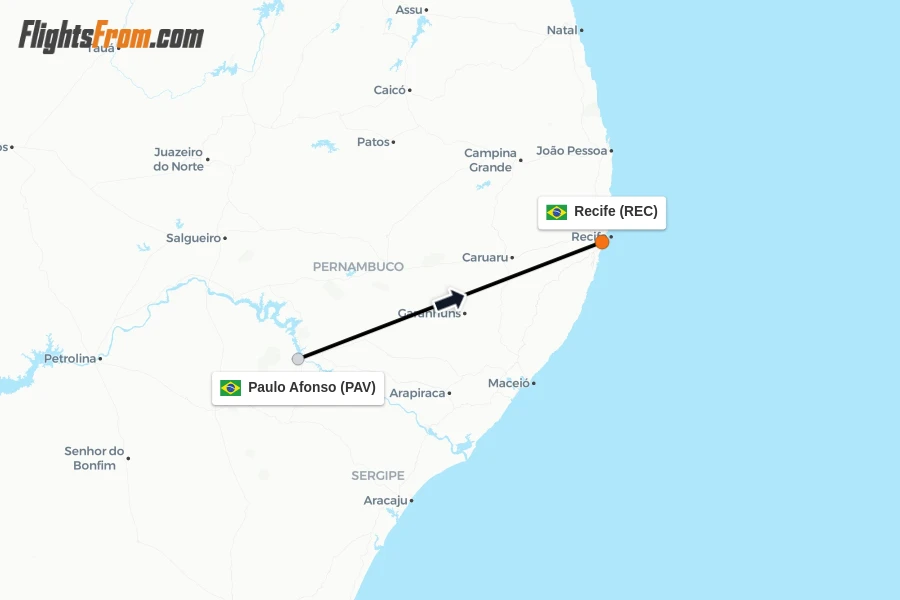 Flights from Paulo Afonso to Recife route map
