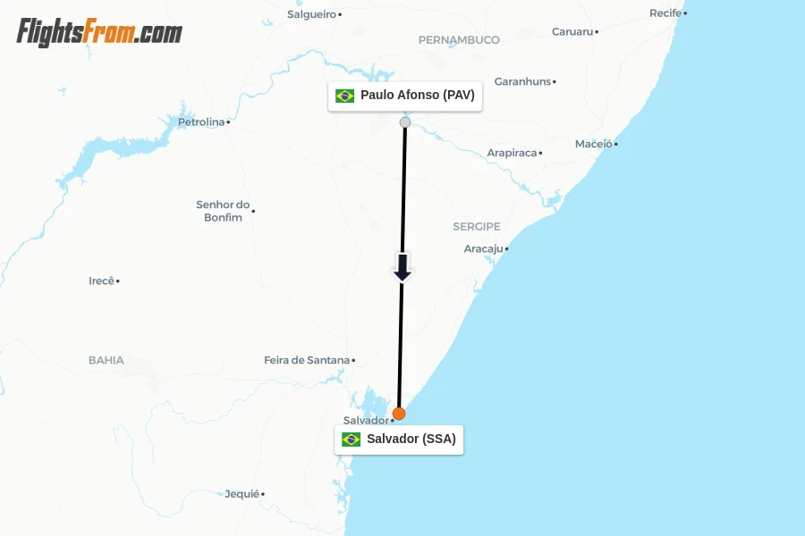 Flights from Paulo Afonso to Salvador route map