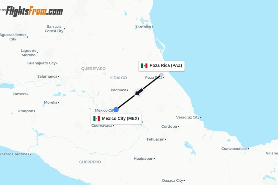 Flights from Poza Rica to Mexico City route map