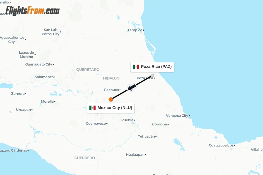 Flights from Poza Rica to Mexico City route map