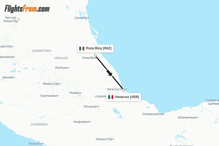 Flights from Poza Rica to Veracruz route map