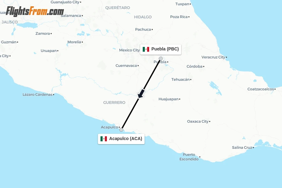 Flights from Puebla to Acapulco route map