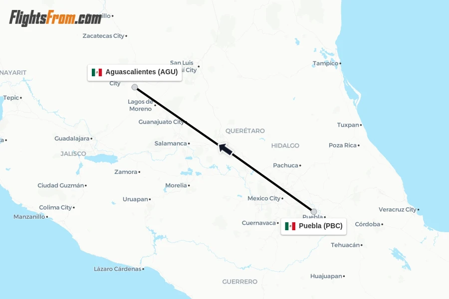 Flights from Puebla to Aguascalientes route map