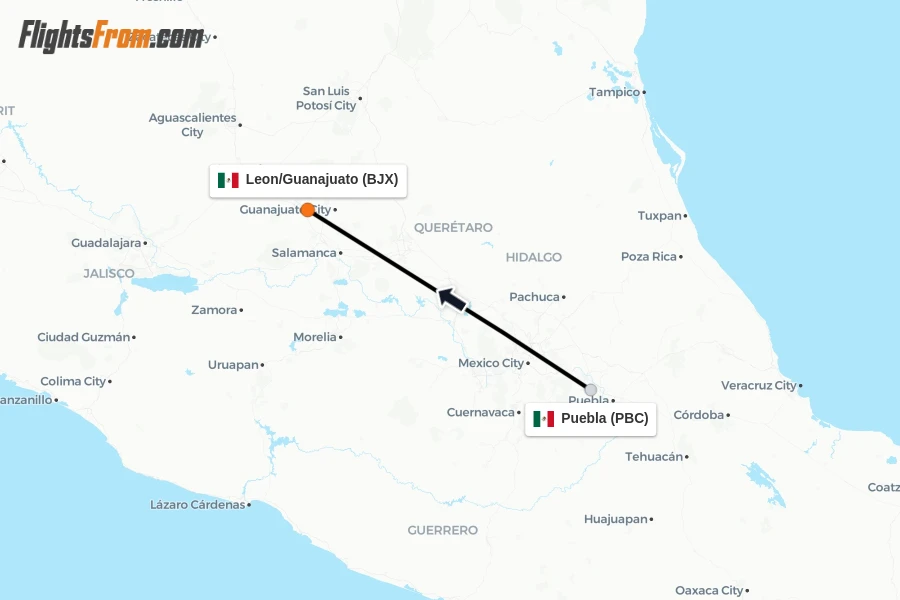 Flights from Puebla to Leon/Guanajuato route map