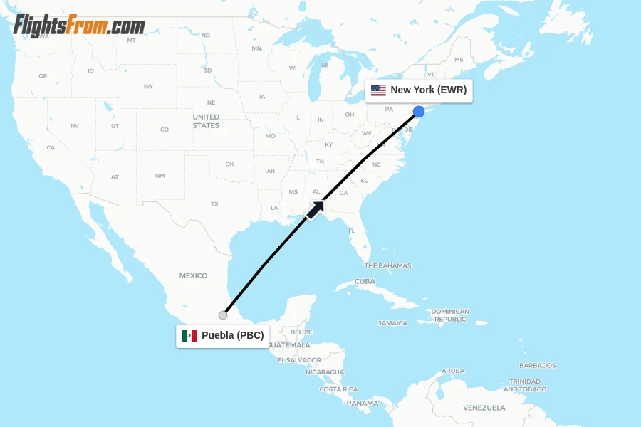 Flights from Puebla to New York route map