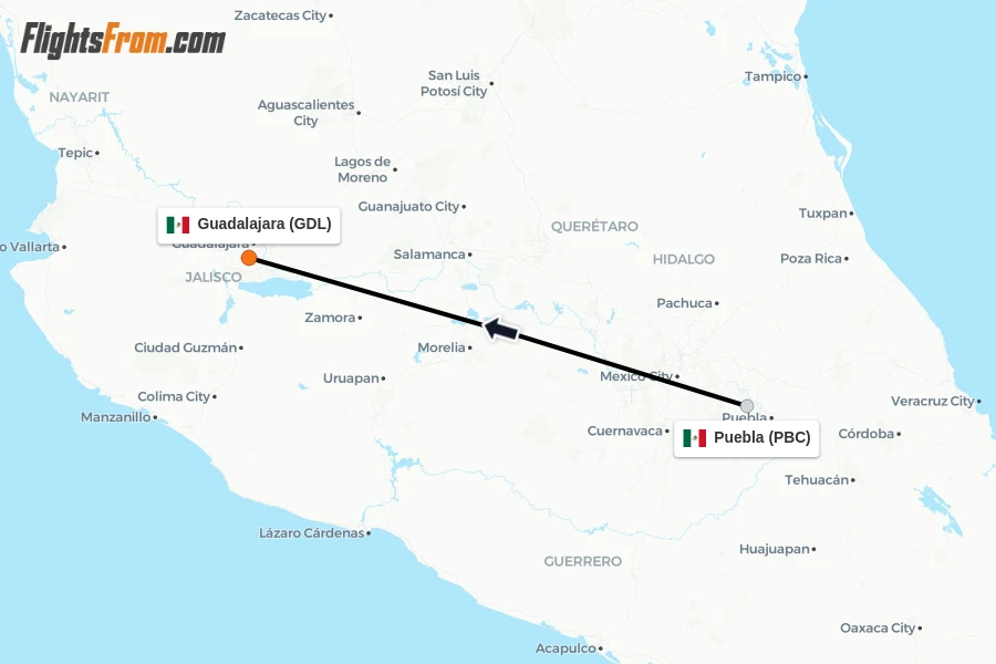 Flights from Puebla to Guadalajara route map