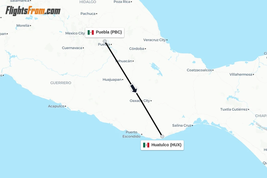 Flights from Puebla to Huatulco route map