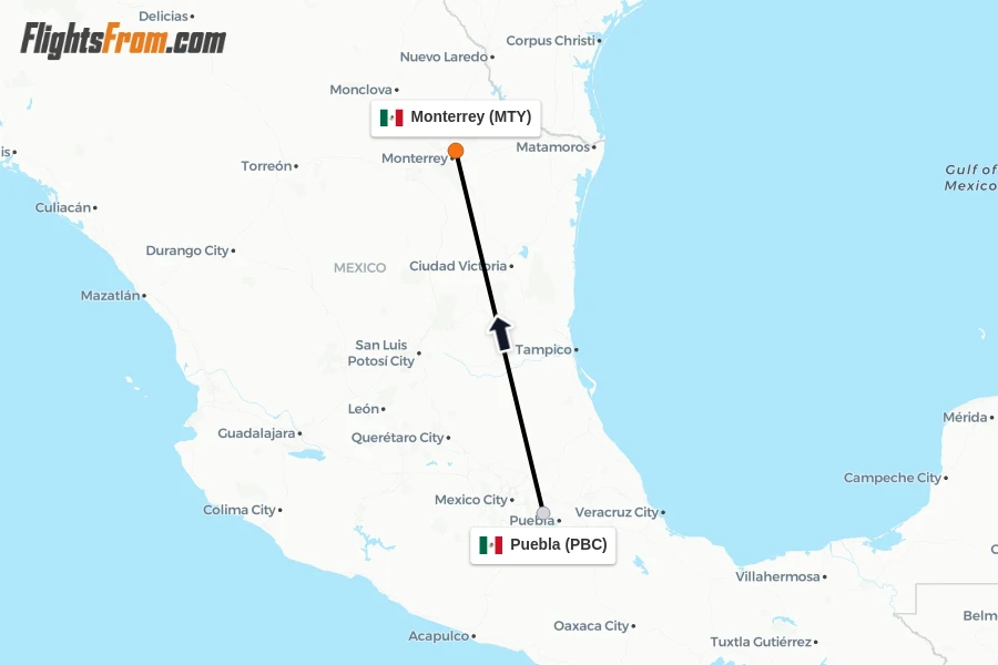 Flights from Puebla to Monterrey route map