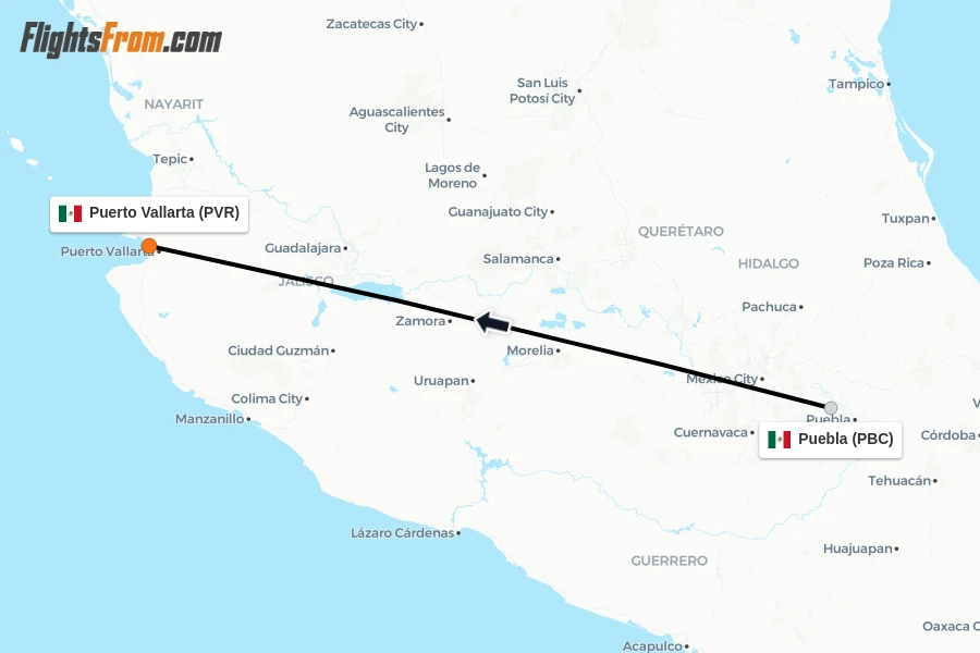 Flights from Puebla to Puerto Vallarta route map
