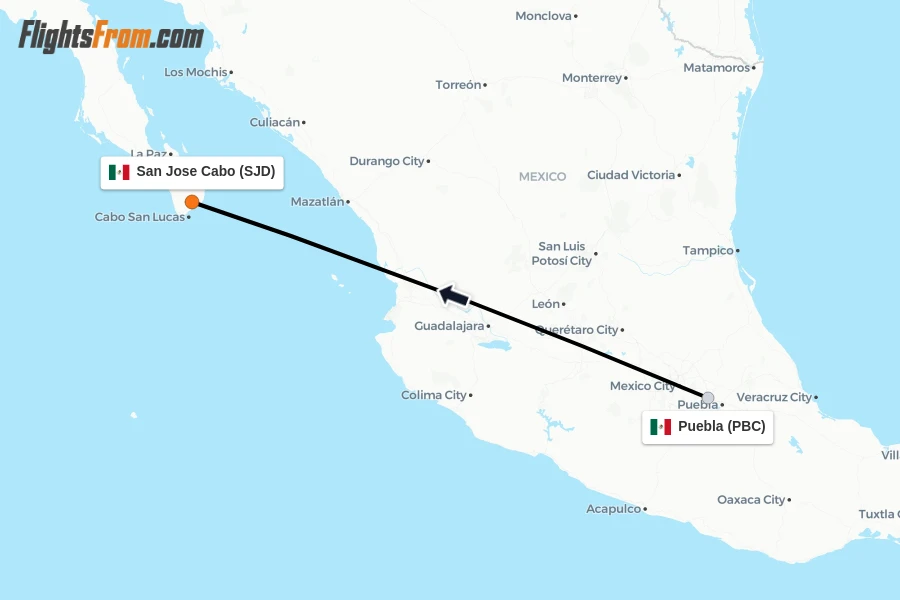 Flights from Puebla to San Jose Cabo route map