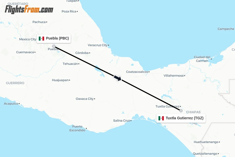 Flights from Puebla to Tuxtla Gutierrez route map