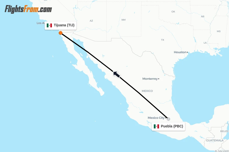 Flights from Puebla to Tijuana route map