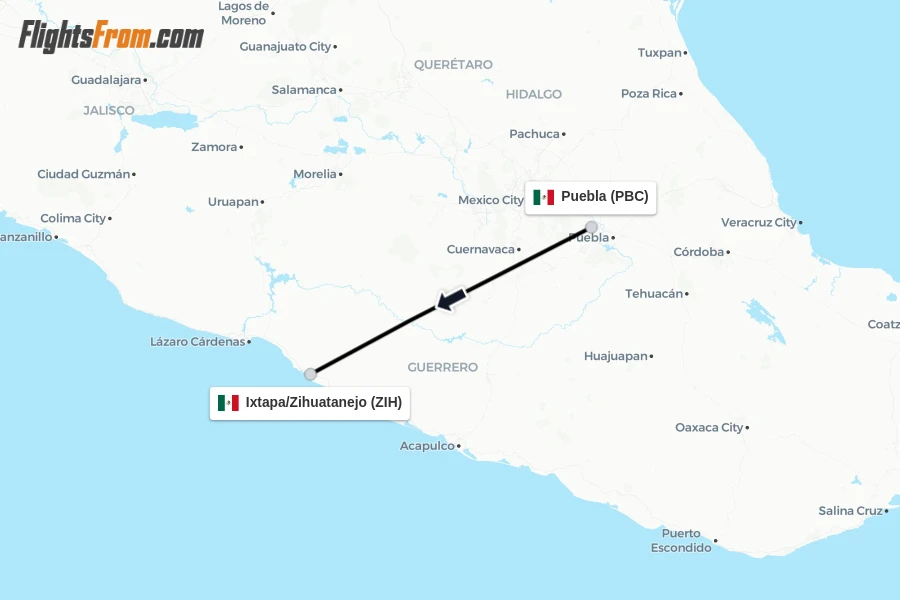 Flights from Puebla to Ixtapa/Zihuatanejo route map