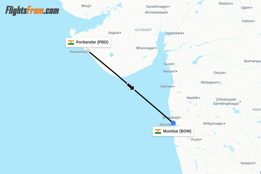 Flights from Porbandar to Mumbai route map