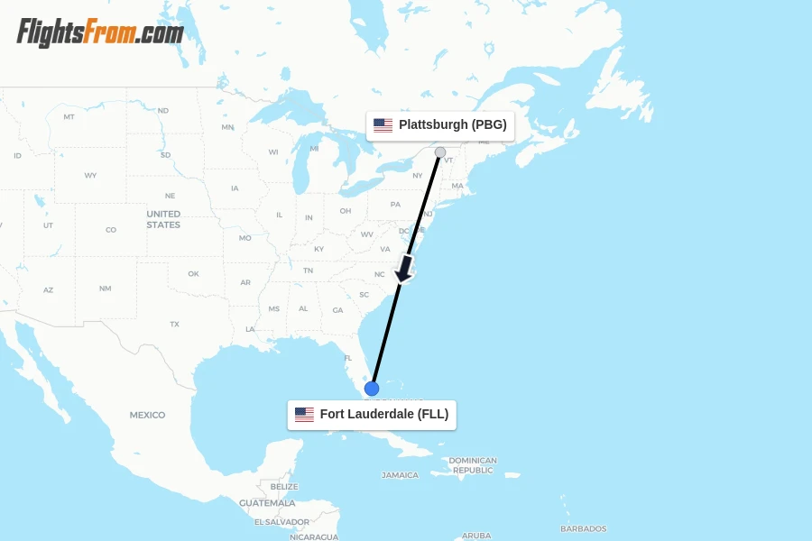Flights from Plattsburgh to Fort Lauderdale route map