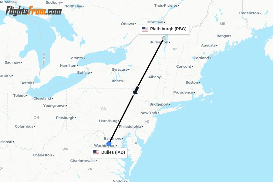 Flights from Plattsburgh to Dulles route map