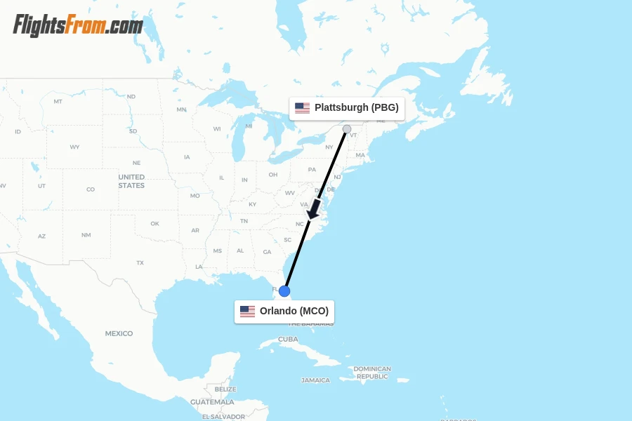 Flights from Plattsburgh to Orlando route map