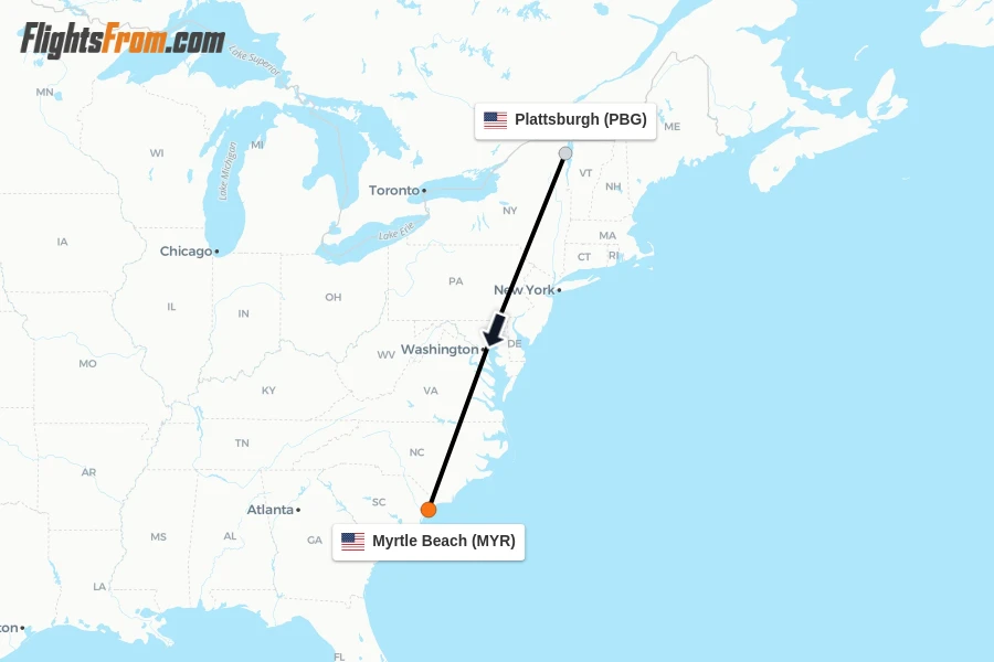 Flights from Plattsburgh to Myrtle Beach route map