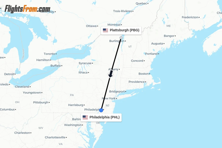 Flights from Plattsburgh to Philadelphia route map