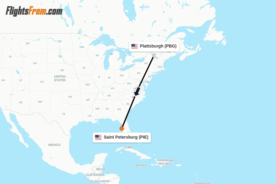 Flights from Plattsburgh to Saint Petersburg route map