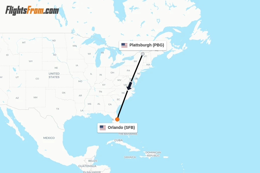 Flights from Plattsburgh to Orlando route map