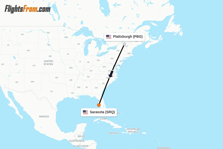 Flights from Plattsburgh to Sarasota route map