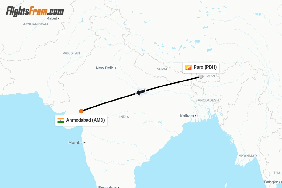 Flights from Paro to Ahmedabad route map